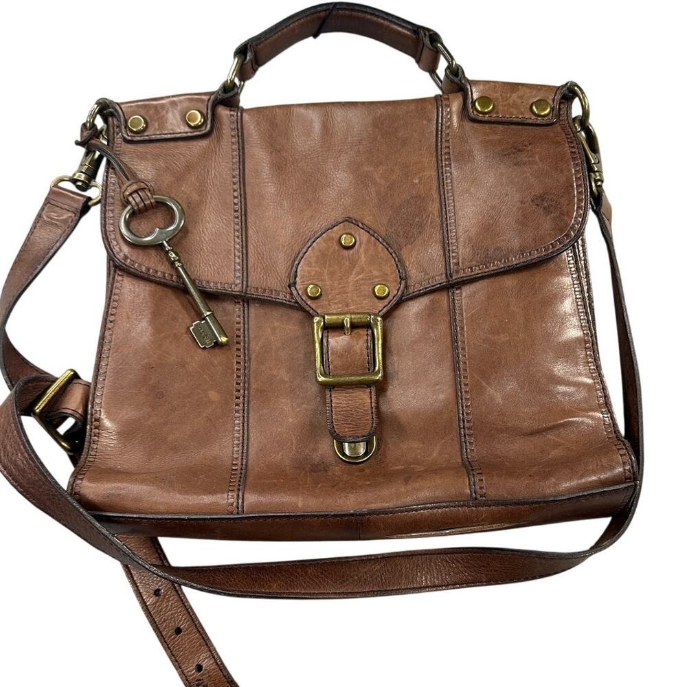 Fossil Crossbody Bag Flap Buckle Key Leather Brown